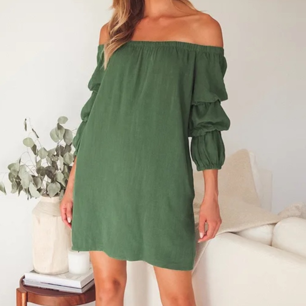 Lulus Wm M Green Linen Blend By The Pier Off Shoulder Puff Sleeve Mini Dress NWT